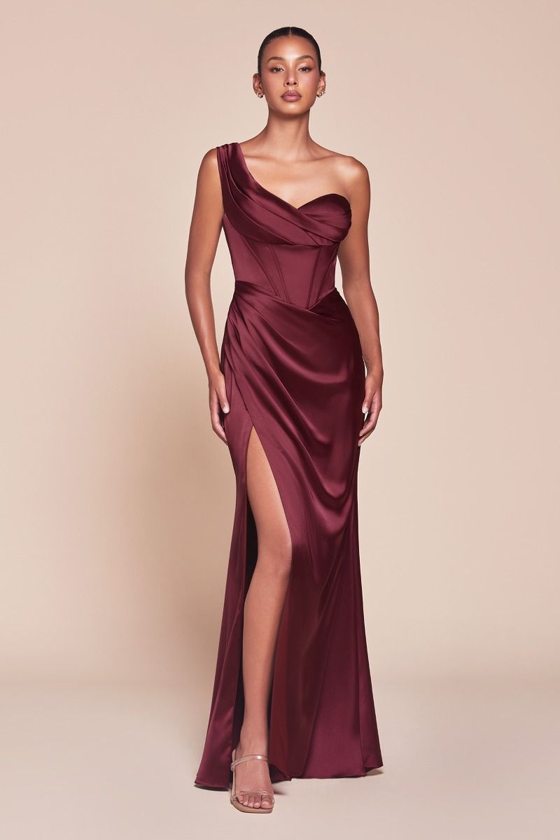 Audra Gown - Burgundy - ONE SHOULDER LUXE SATIN CORSET GOWN-Vavasi