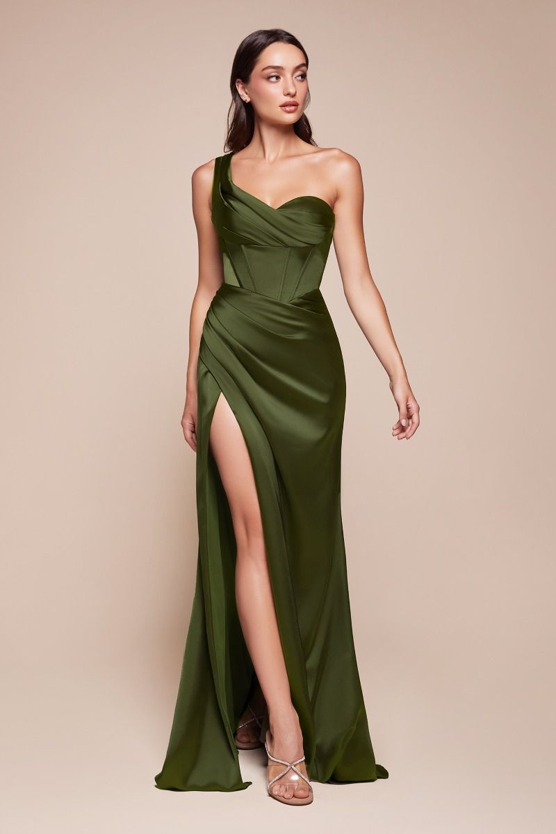 Audra Gown - Olive - ONE SHOULDER LUXE SATIN CORSET GOWN-Vavasi