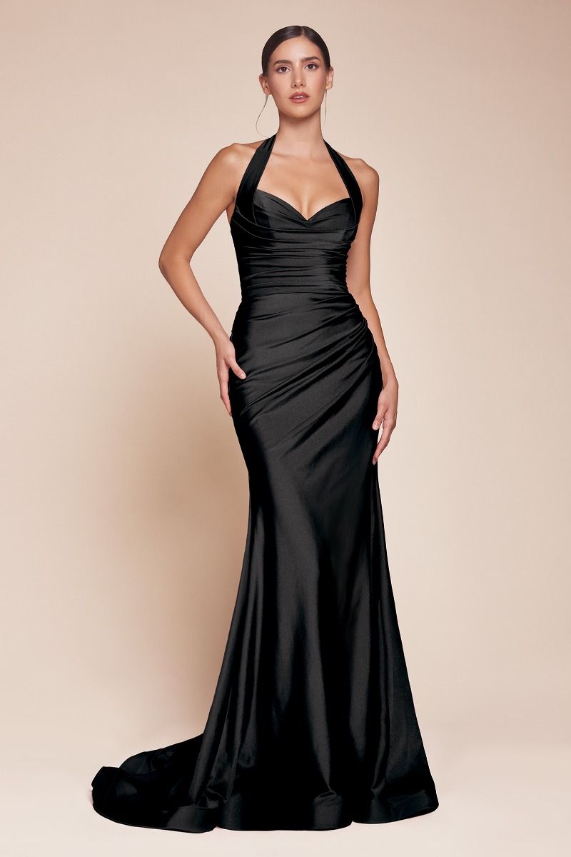 AUTUMN GOWN - BLACK - STRETCH SPANDEX SATIN HALTER FITTED DRESS-Vavasi