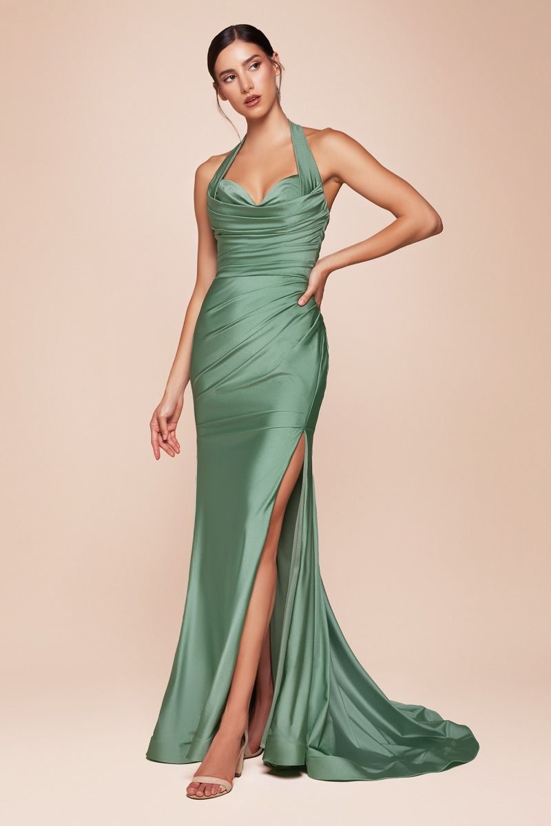 AUTUMN GOWN - DARK SAGE - STRETCH SPANDEX SATIN HALTER FITTED DRESS-Vavasi