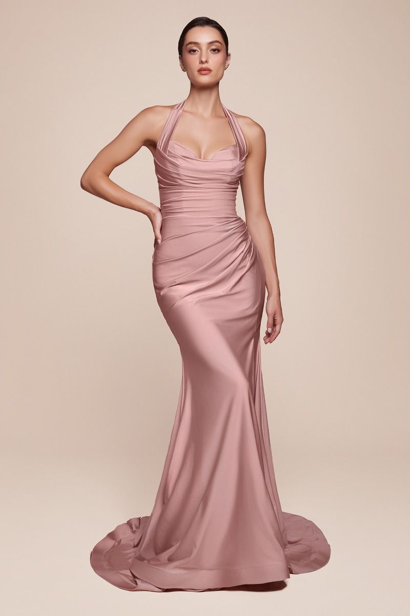 AUTUMN GOWN - DUSTY ROSE - STRETCH SPANDEX SATIN HALTER FITTED DRESS-Vavasi