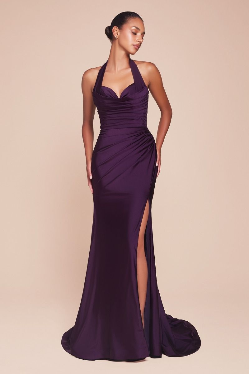 AUTUMN GOWN - EGGPLANT - STRETCH SPANDEX SATIN HALTER FITTED DRESS-Vavasi