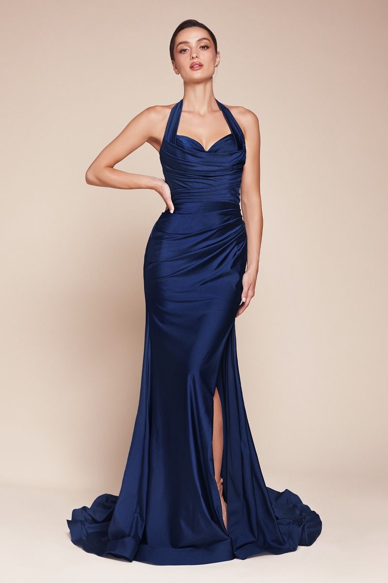 AUTUMN GOWN - NAVY - STRETCH SPANDEX SATIN HALTER FITTED DRESS-Vavasi