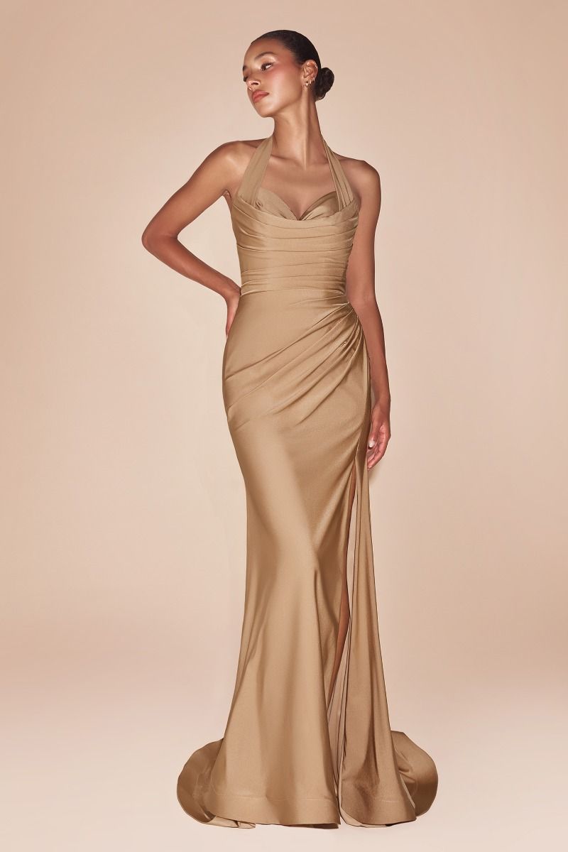 AUTUMN GOWN - NUDE GOLD - STRETCH SPANDEX SATIN HALTER FITTED DRESS-Vavasi