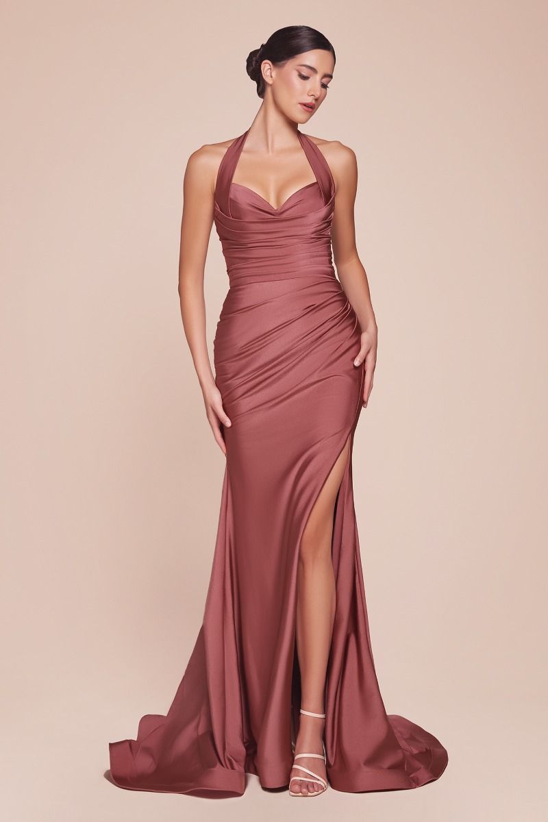 AUTUMN GOWN - SIENNA ROSE - STRETCH SPANDEX SATIN HALTER FITTED DRESS-Vavasi