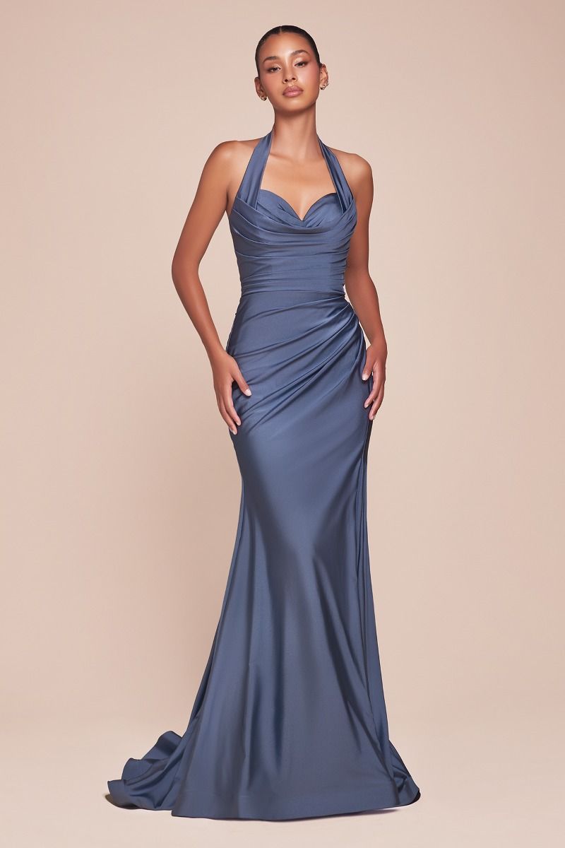 AUTUMN GOWN - SMOKY BLUE - STRETCH SPANDEX SATIN HALTER FITTED DRESS-Vavasi