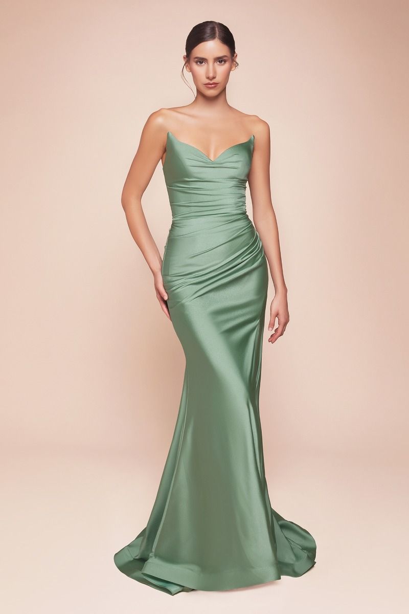 AVA POINTED V-NECKLINE GOWN - DARK SAGE - STRAPLESS STRETCH SPANDEX SATIN FITTED GOWN-Vavasi
