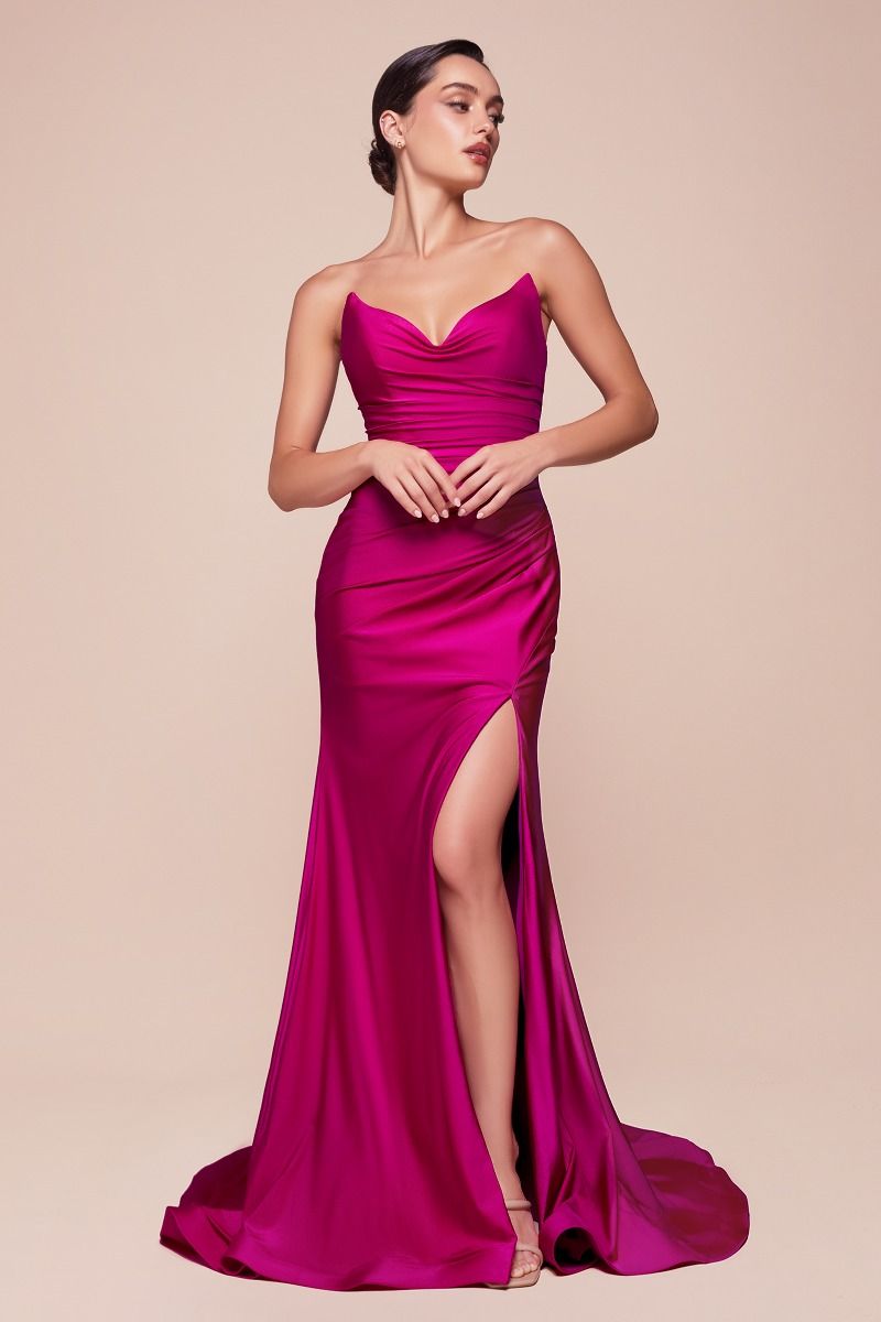 AVA POINTED V-NECKLINE GOWN - MAGENTA - STRAPLESS STRETCH SPANDEX SATIN FITTED GOWN-Vavasi