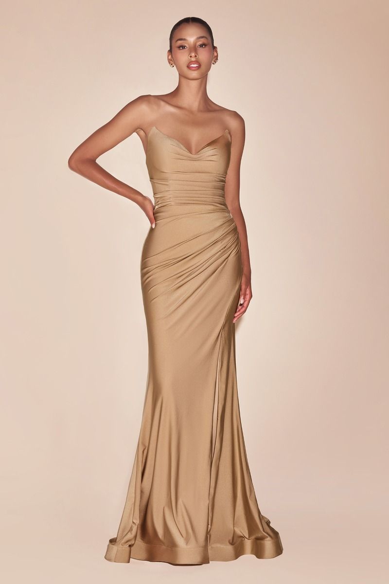 AVA POINTED V-NECKLINE GOWN - NUDE GOLD - STRAPLESS STRETCH SPANDEX SATIN FITTED GOWN-Vavasi