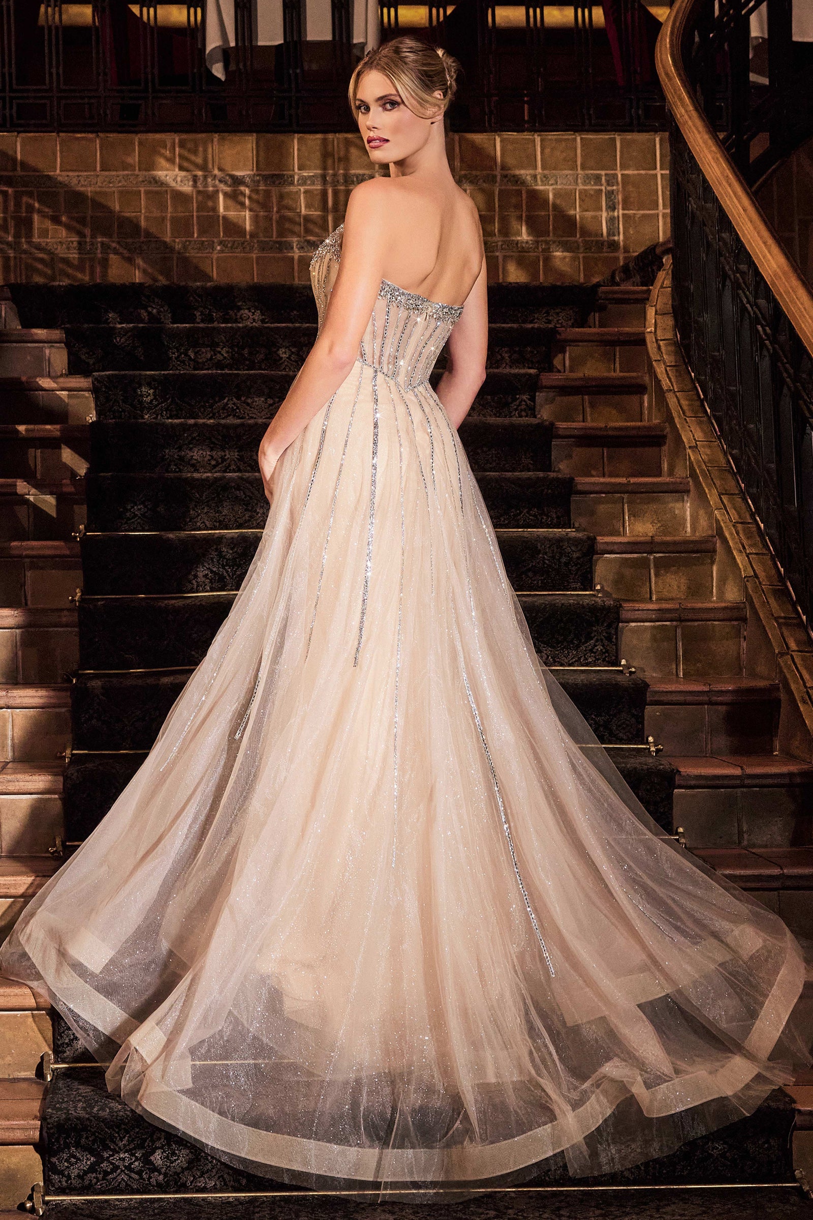 CADENCE GOWN - STRAPLESS CRYSTAL EMBELLISHED GOWN WITH OVERSKIRT-Vavasi