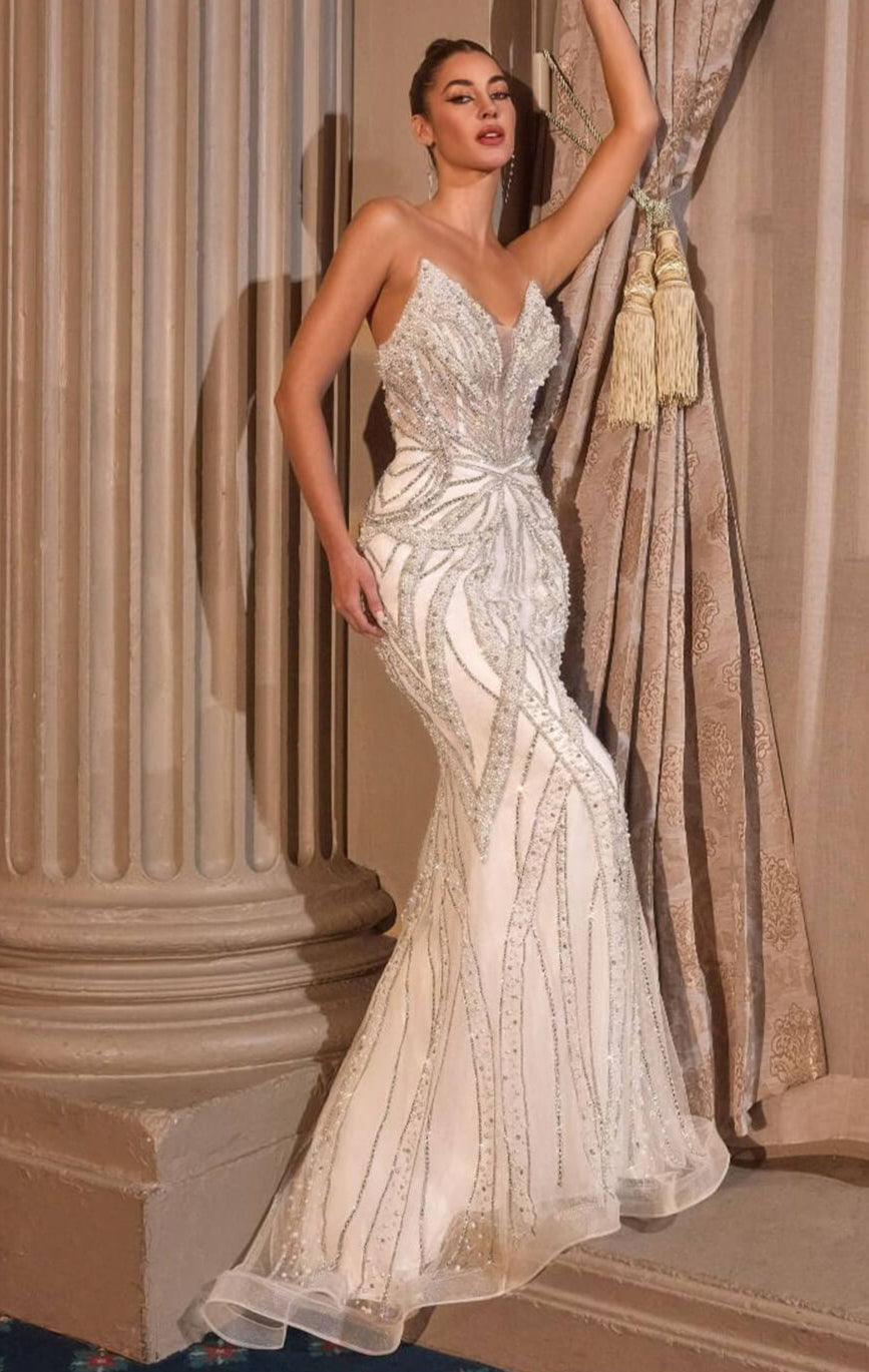 ADRIENNE GOWN - OFF WHITE - PEARL & CRYSTAL STRAPLESS FITTED DRESS-Vavasi