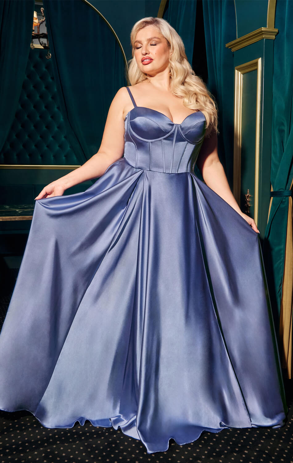 SELMA GOWN - SMOKY BLUE - A-LINE LUXE SATIN BUSTIER DRESS-Vavasi