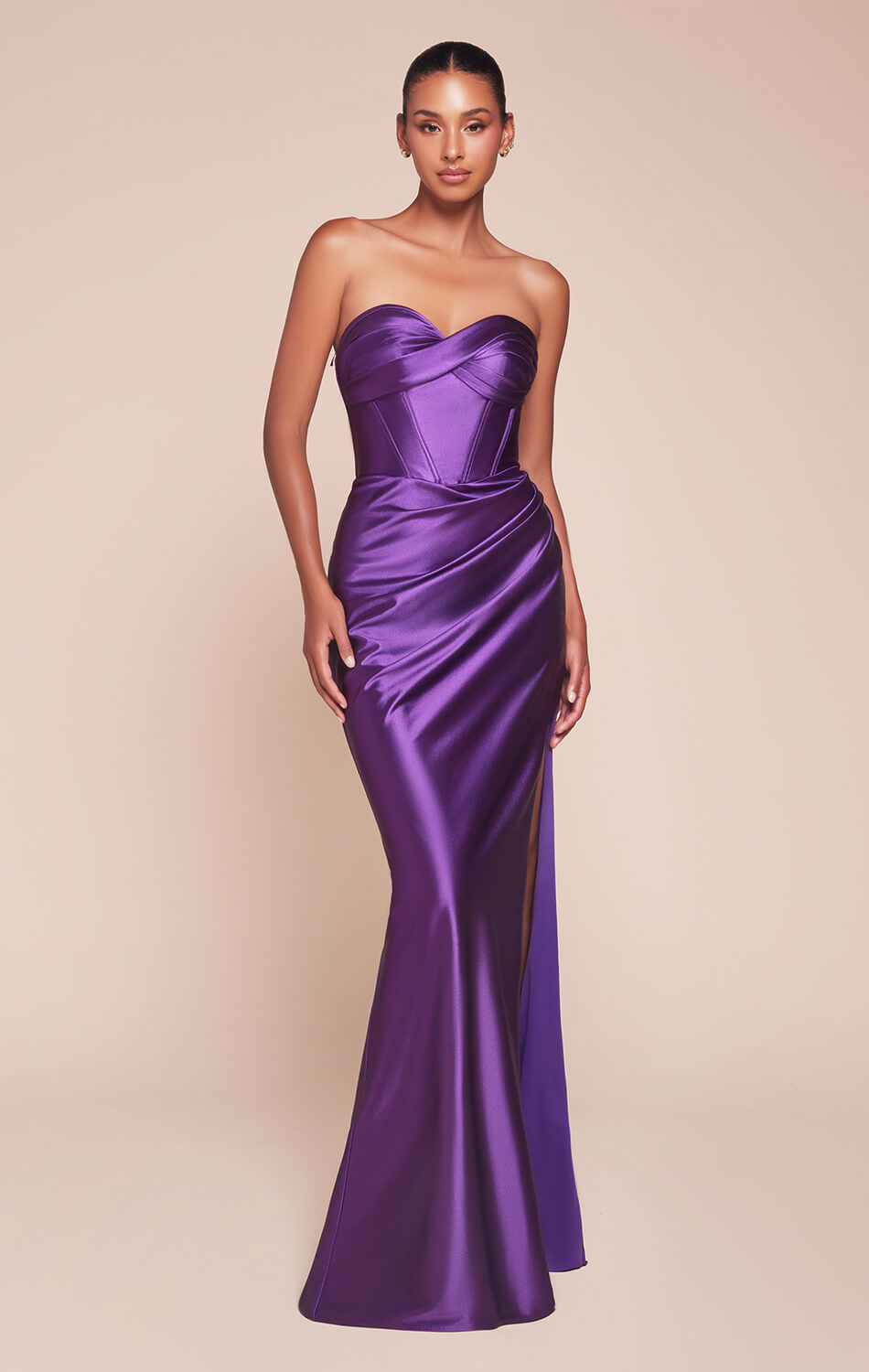 KOLLYN GOWN - EGGPLANT - STRAPLESS LUXE SATIN FITTED GOWN-Vavasi