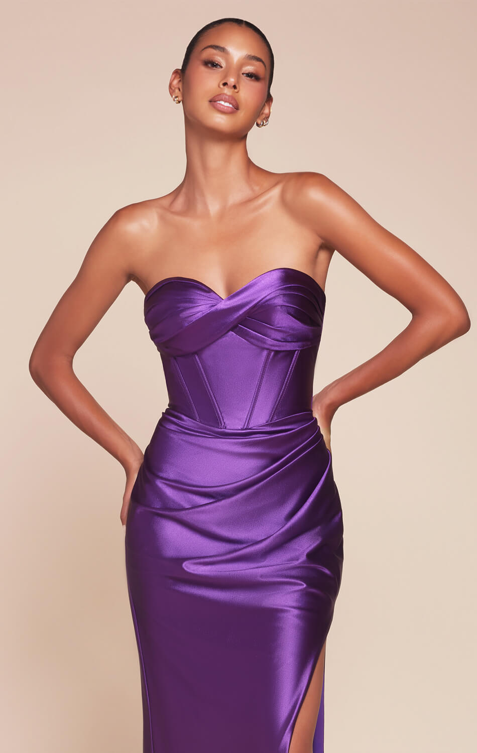 KOLLYN GOWN - EGGPLANT - STRAPLESS LUXE SATIN FITTED GOWN-Vavasi