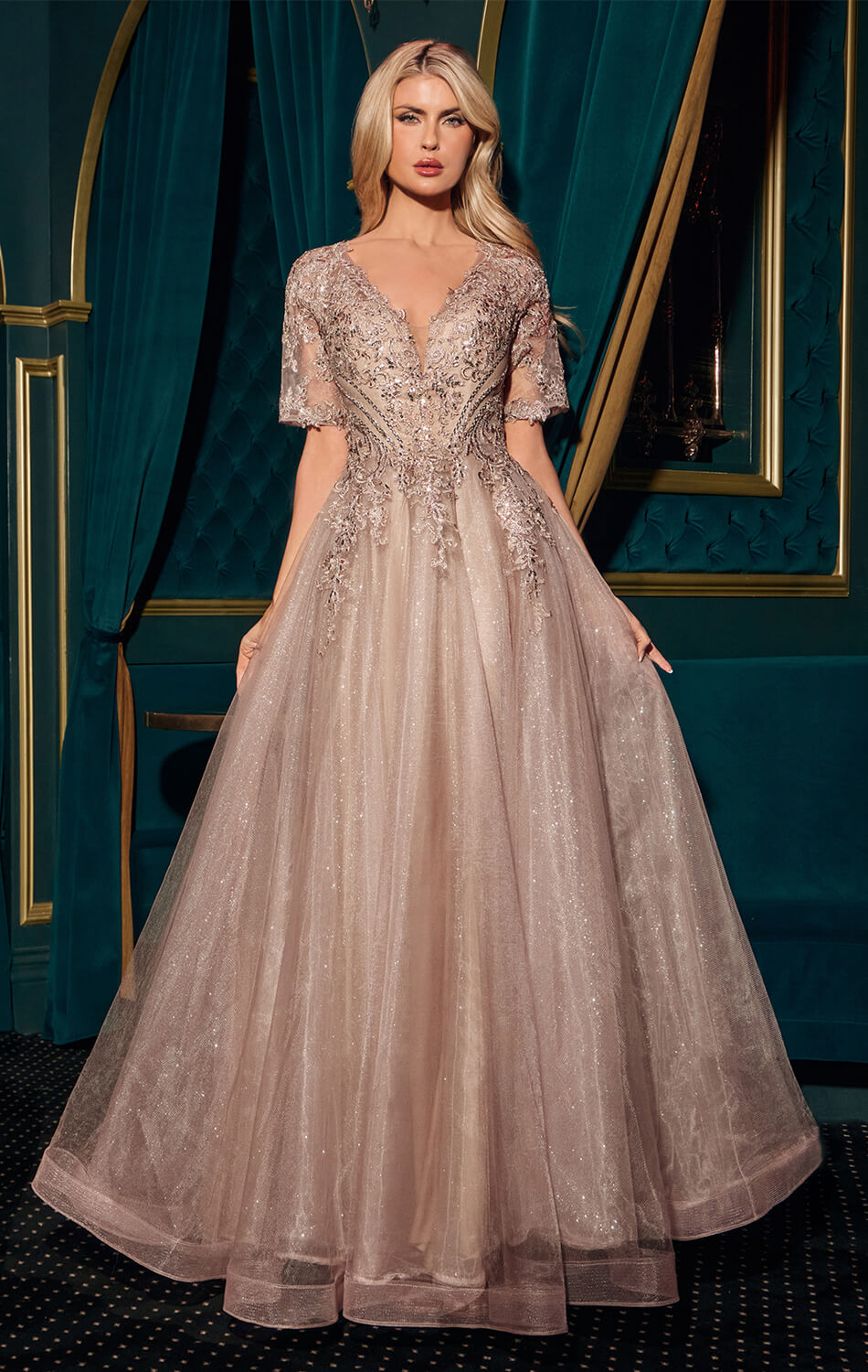 CLAUDIA GOWN - LACE A-LINE GLITTER TULLE FORMAL DRESS-Vavasi
