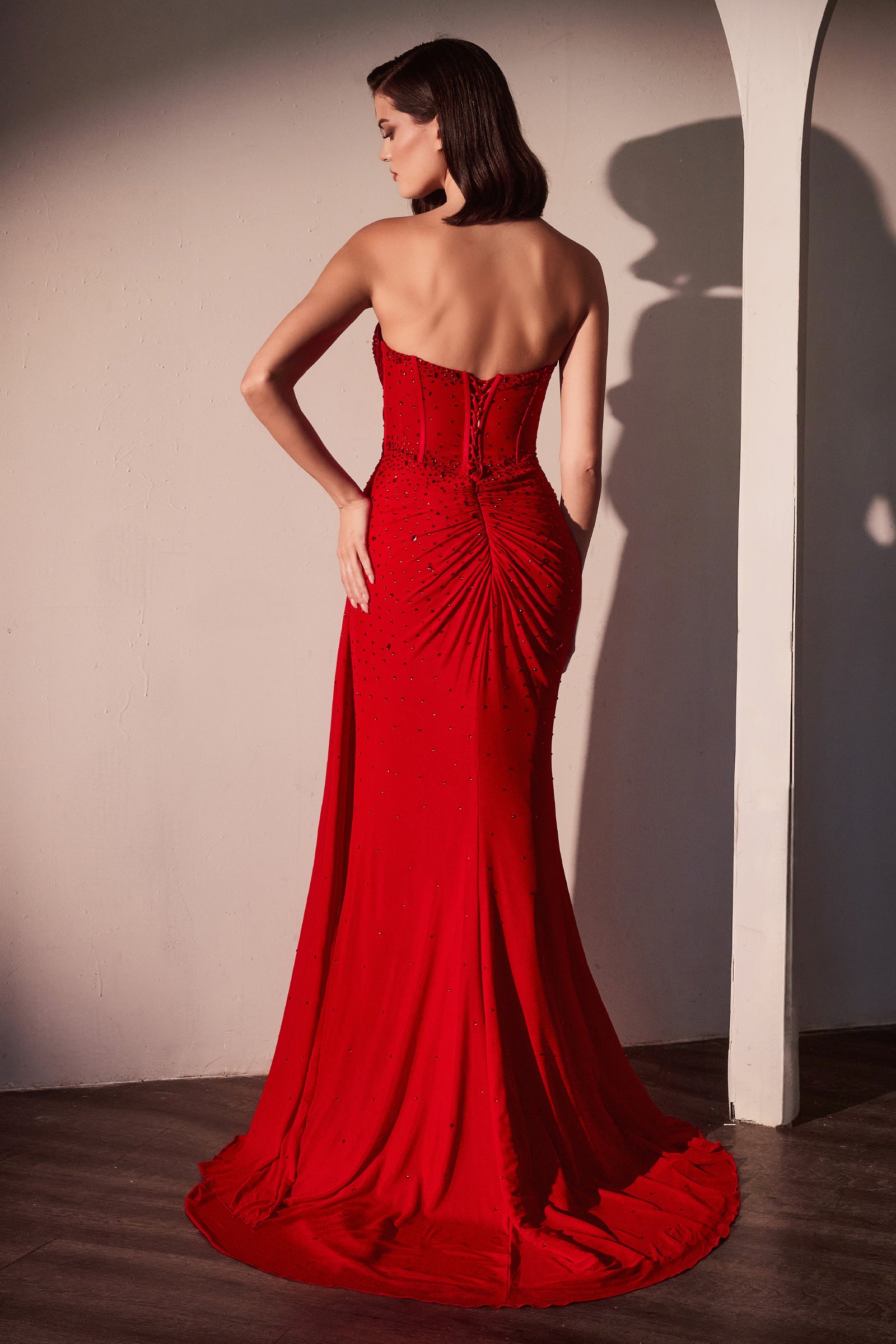 CAMDYN GOWN - FITTED STRAPLESS STRETCH NET RHINESTONE SCATTERED DRESS-Vavasi