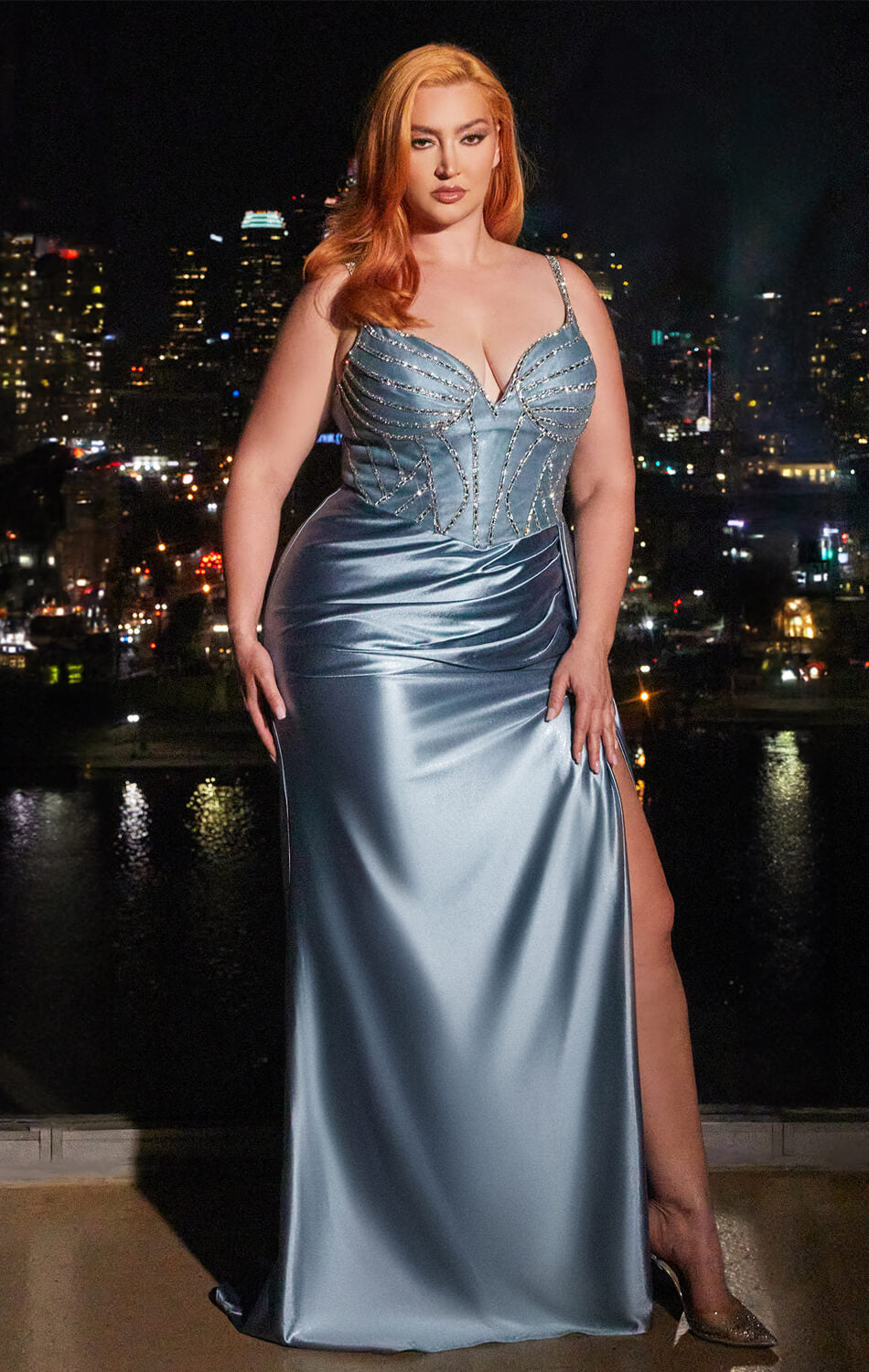 LIBERTY GOWN - DUSTY BLUE - FITTED SATIN GOWN WITH BEADED BODICE-Vavasi