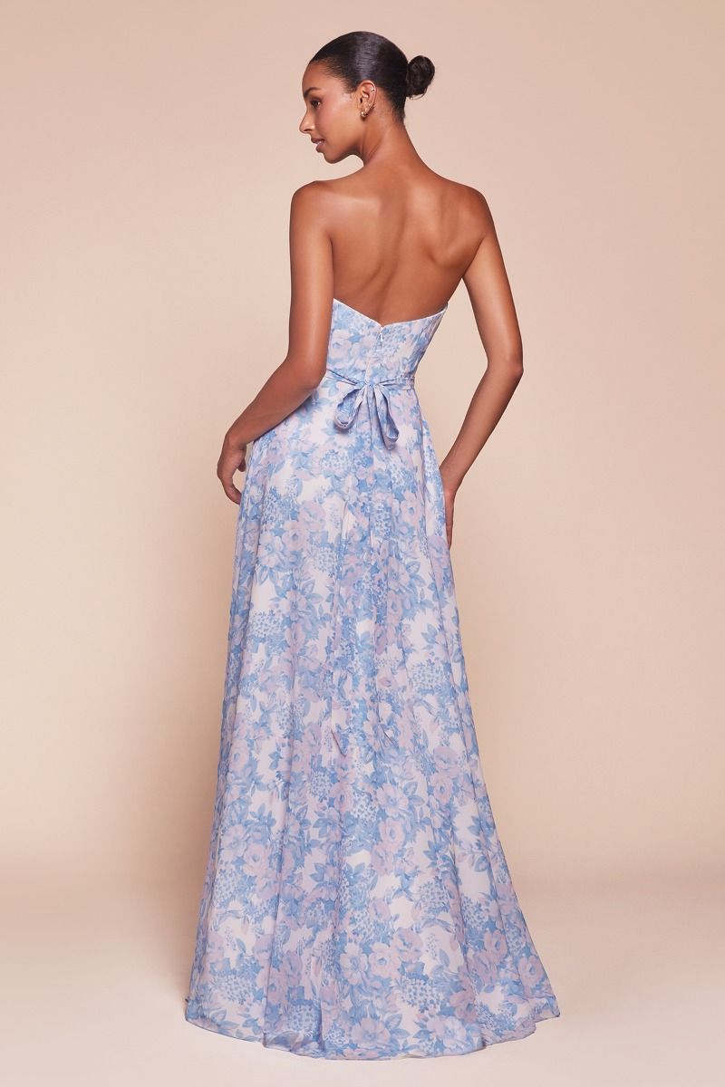 CASSIE GOWN - BLUE - STRAPLESS A-LINE FLORAL CHIFFON DRESS-Vavasi