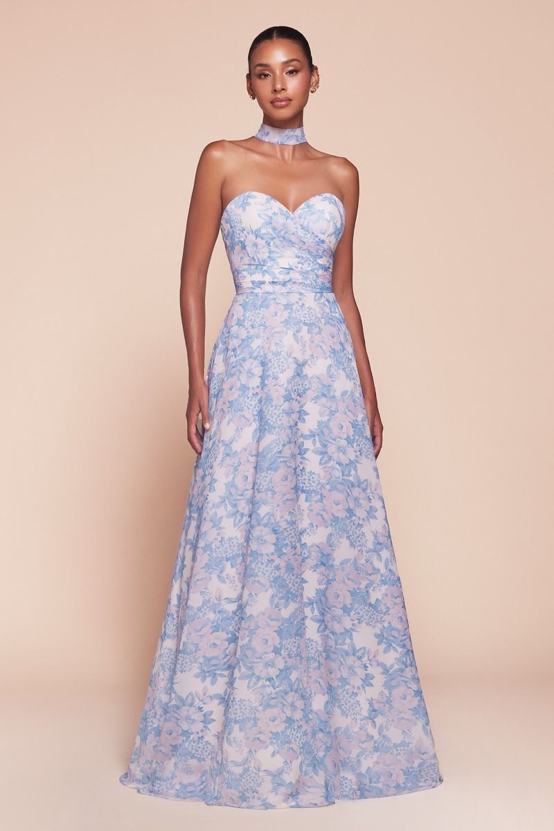 CASSIE GOWN - BLUE - STRAPLESS A-LINE FLORAL CHIFFON DRESS-Vavasi