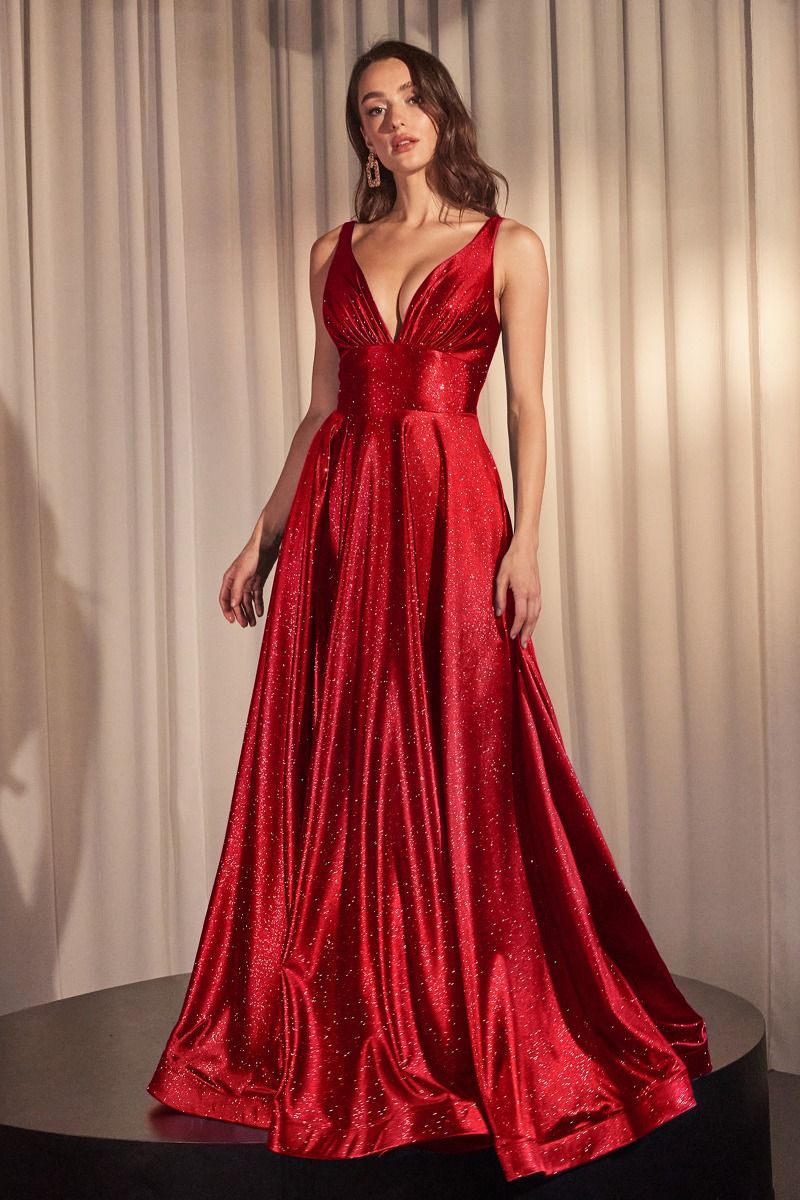 Cecily Gown - Red - GLIMMERING STRETCH SATIN A-LINE DRESS-Vavasi