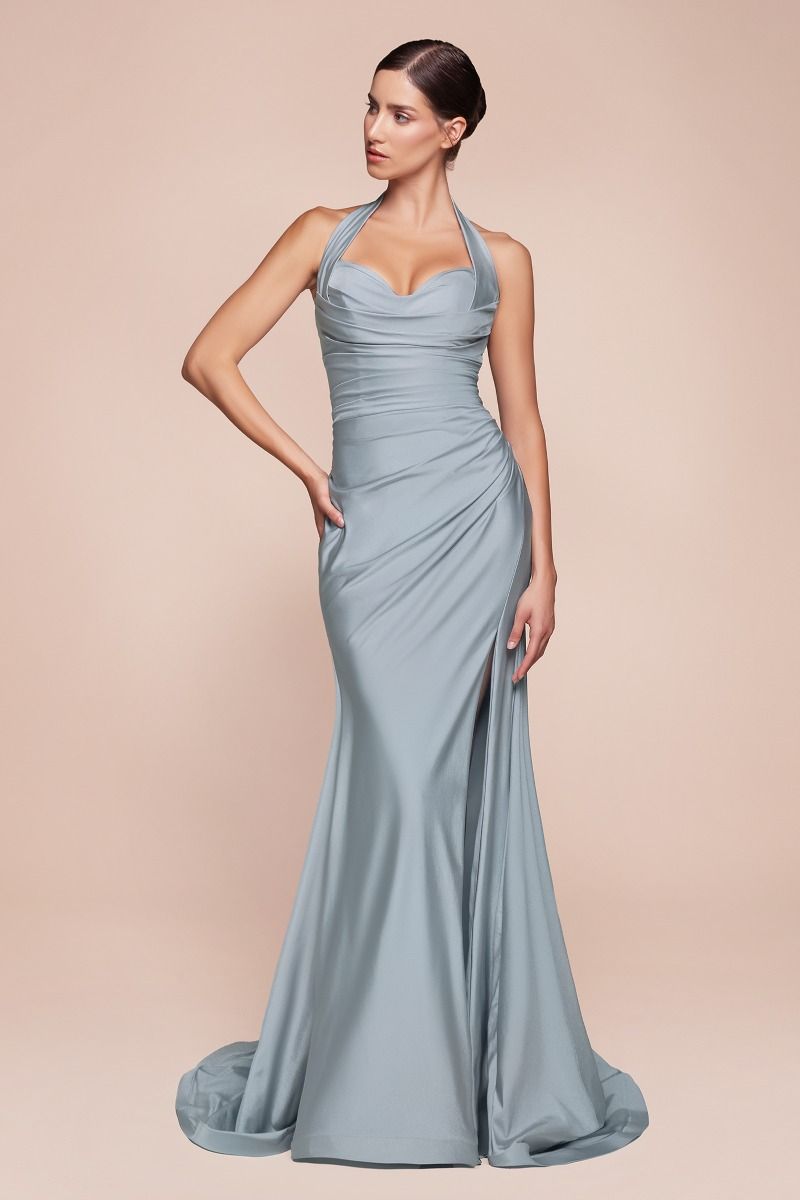 AUTUMN GOWN - DUSTY BLUE - STRETCH SPANDEX SATIN HALTER FITTED DRESS-Vavasi