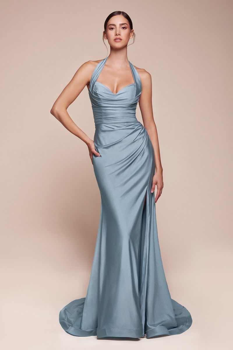 AUTUMN GOWN - DUSTY BLUE - STRETCH SPANDEX SATIN HALTER FITTED DRESS-Vavasi
