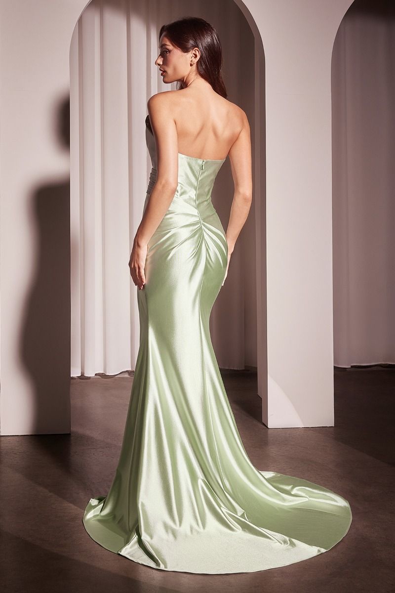 DEANNA GOWN - SAGE - ASYMMETRICAL STRAPLESS SATIN GOWN-Vavasi