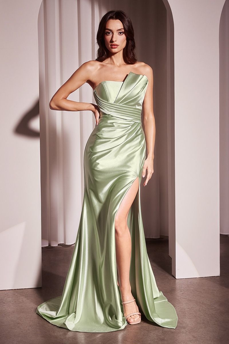 DEANNA GOWN - SAGE - ASYMMETRICAL STRAPLESS SATIN GOWN-Vavasi