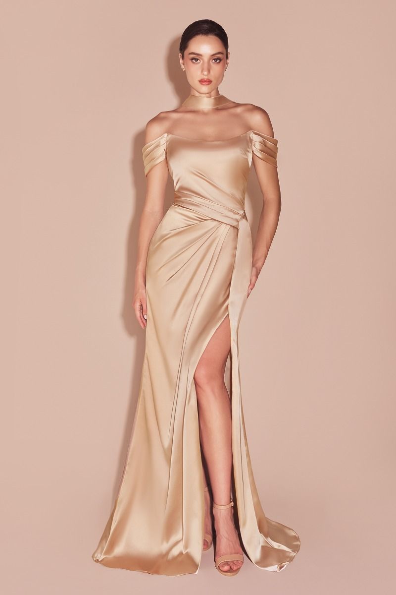 Emerson Gown - Champagne - OFF THE SHOULDER LACE UP CORSET LUXE SATIN GOWN-Vavasi