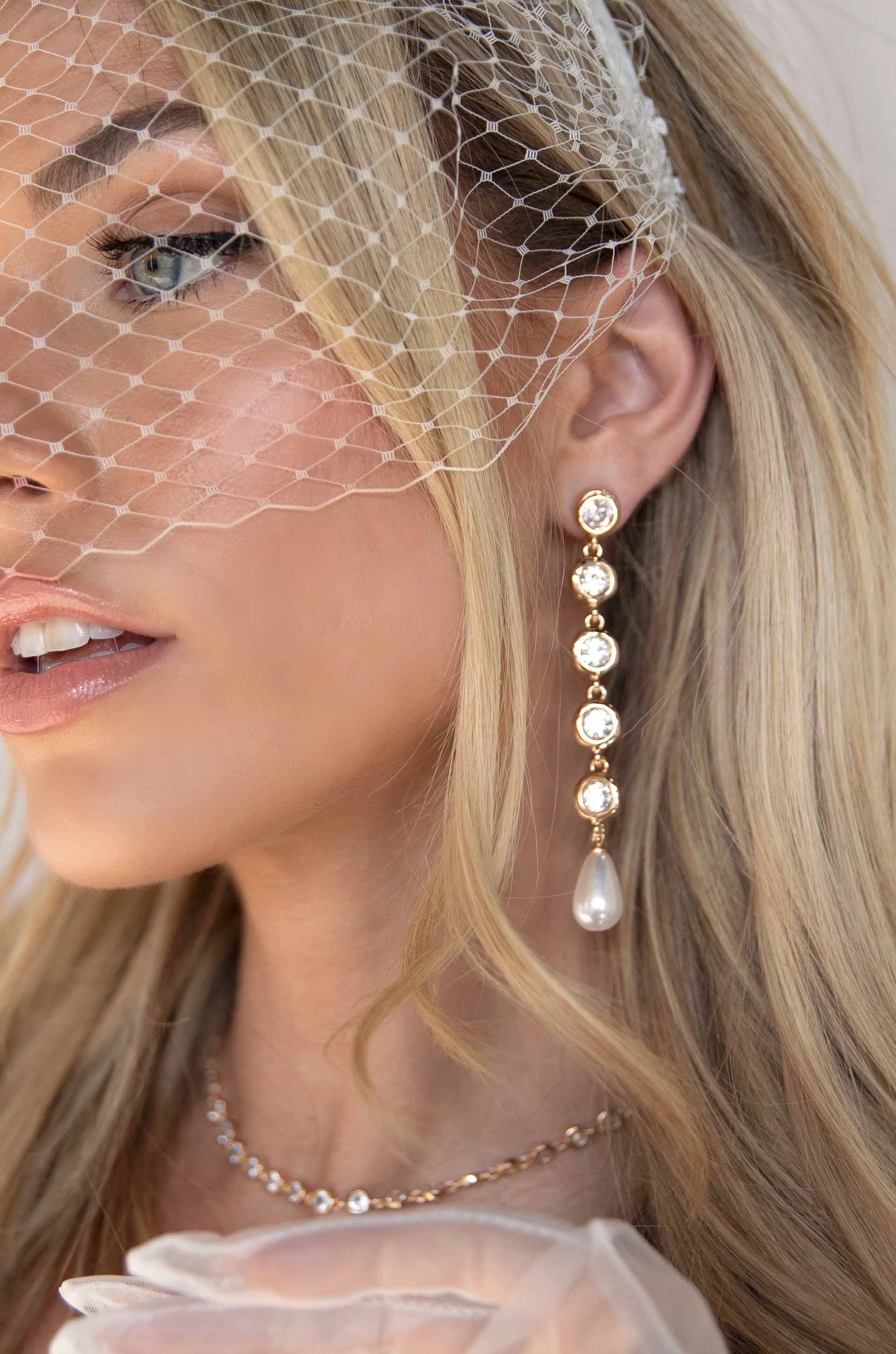 Elegantly Modern Crystal and Pearl Dangle Earrings-Vavasi