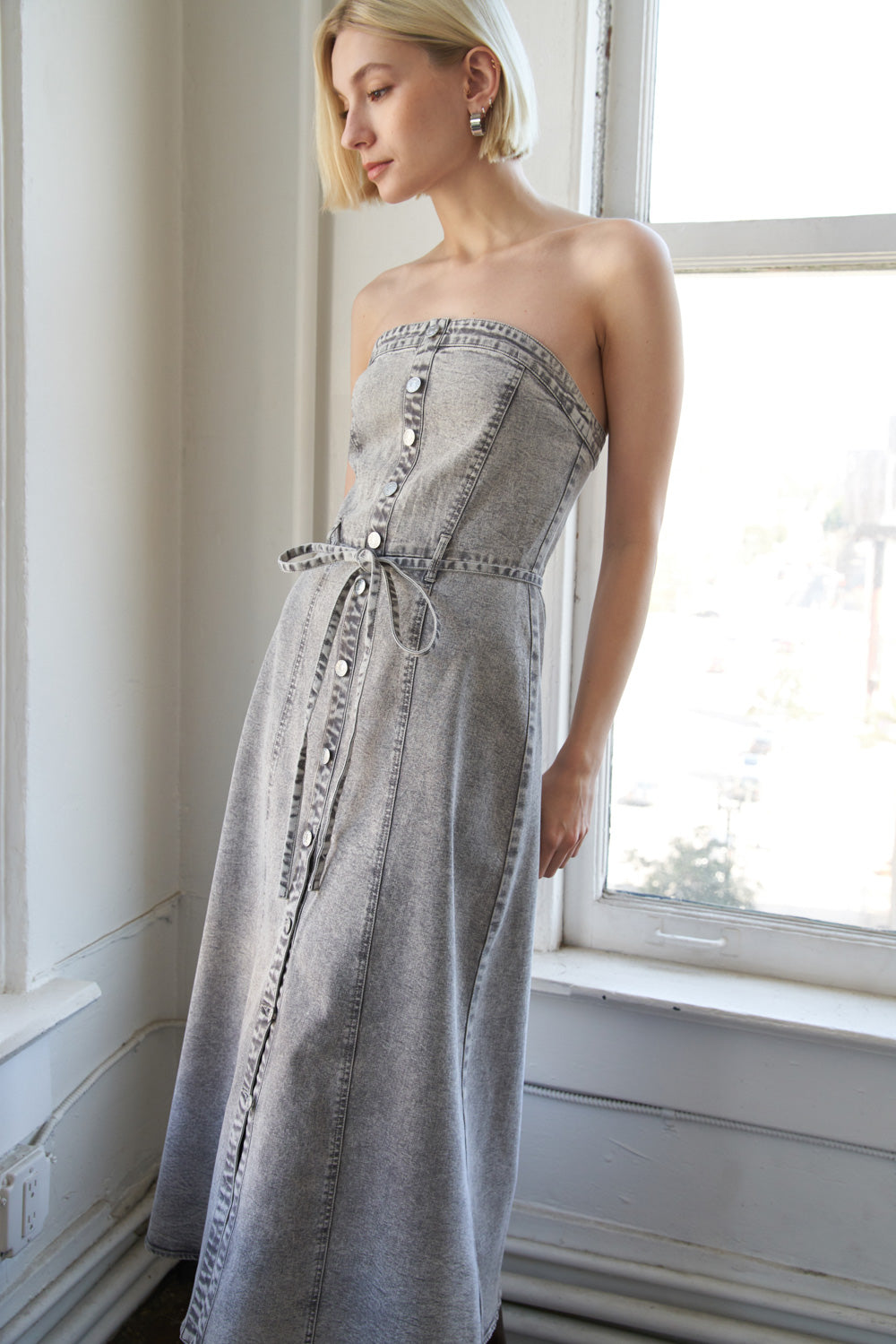SECRET CRUSH - GREY - ACID WASH DENIM DRESS-Vavasi