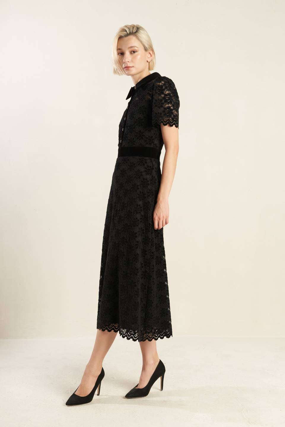 BOLD SYMPHONY WOVEN LACE MIDI DRESS-Vavasi