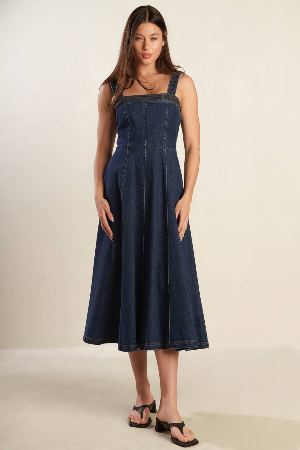 DOMINIQUE DARK DENIM MIDI DRESS-Vavasi
