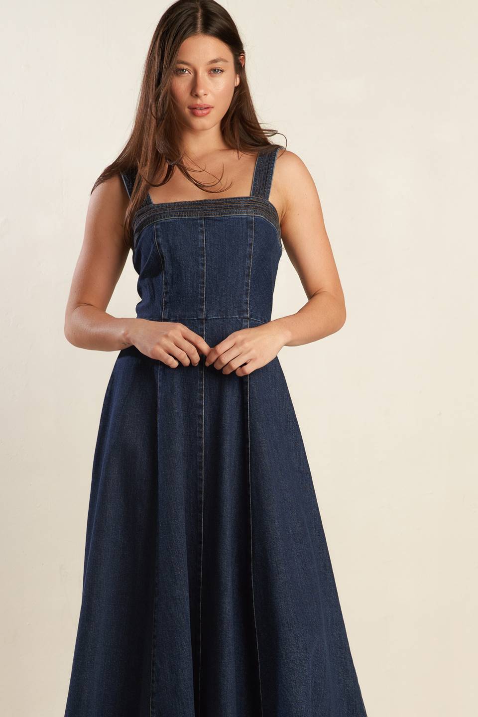 DOMINIQUE DARK DENIM MIDI DRESS-Vavasi