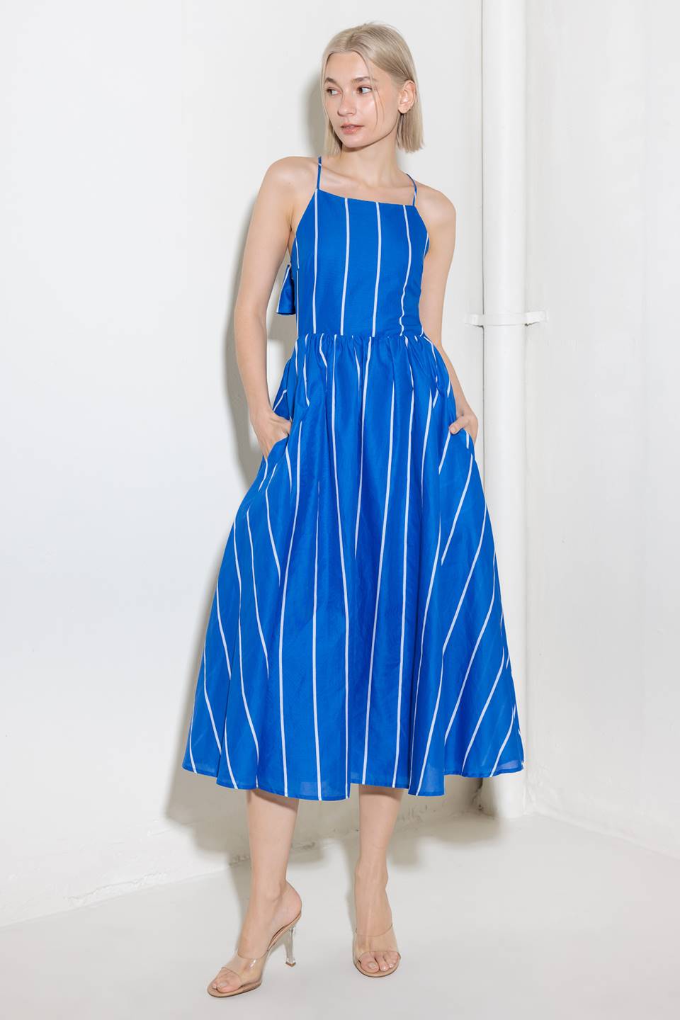 LET THE GOOD IN - BLUE STRIPE - TIE BACK MIDI DRESS-Vavasi