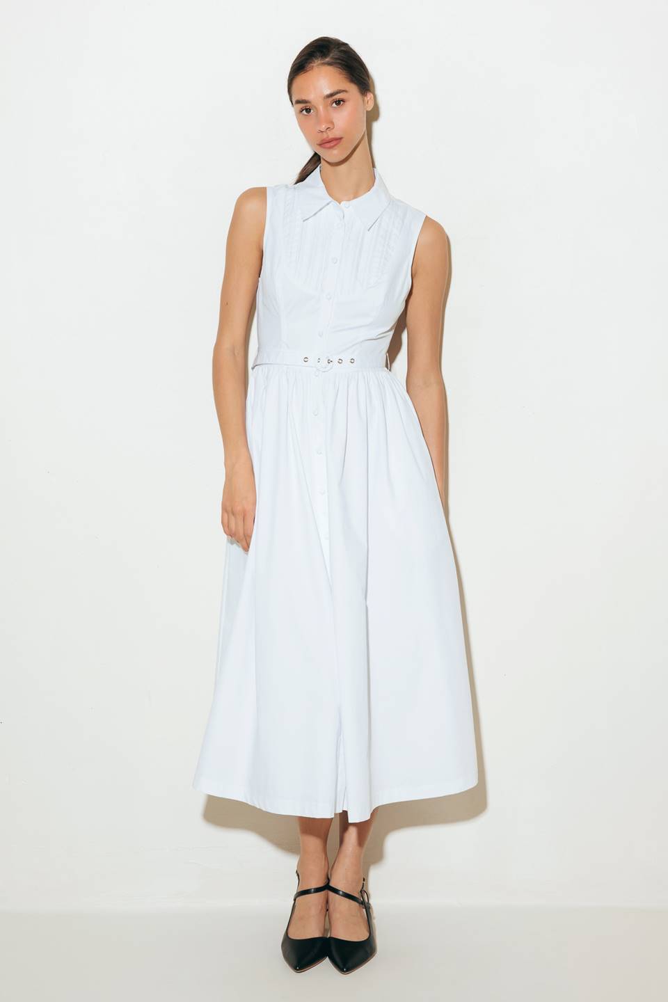 NORTH EAST MIDI - White Cotton Pintuck Midi Shirt Dress-Vavasi