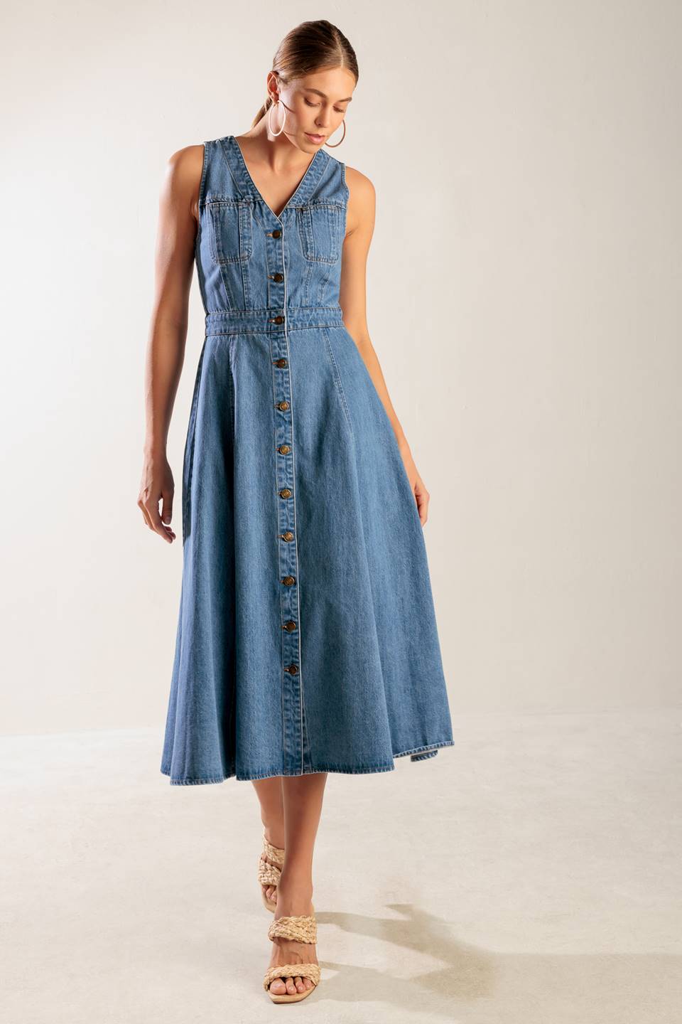 THE JOURNEY BEGINS BLUE DENIM MIDI DRESS-Vavasi