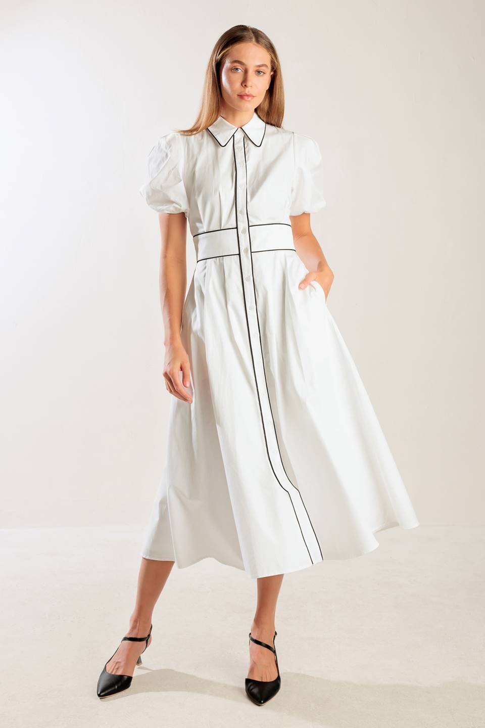 VINTAGE VIBES PUFF SLEEVE MIDI DRESS - WHITE-Vavasi