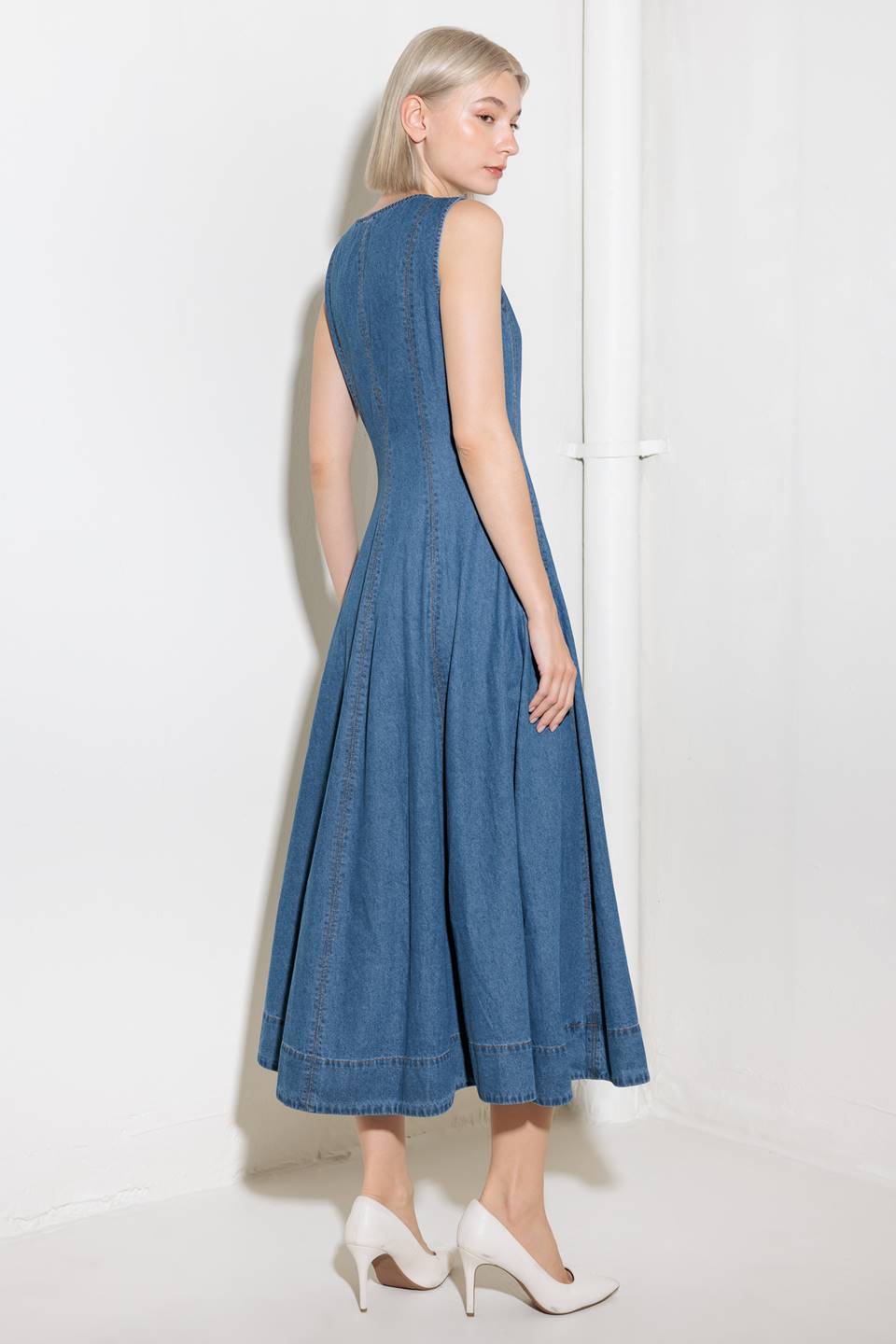 Perry Washed Denim Midi Dress-Vavasi