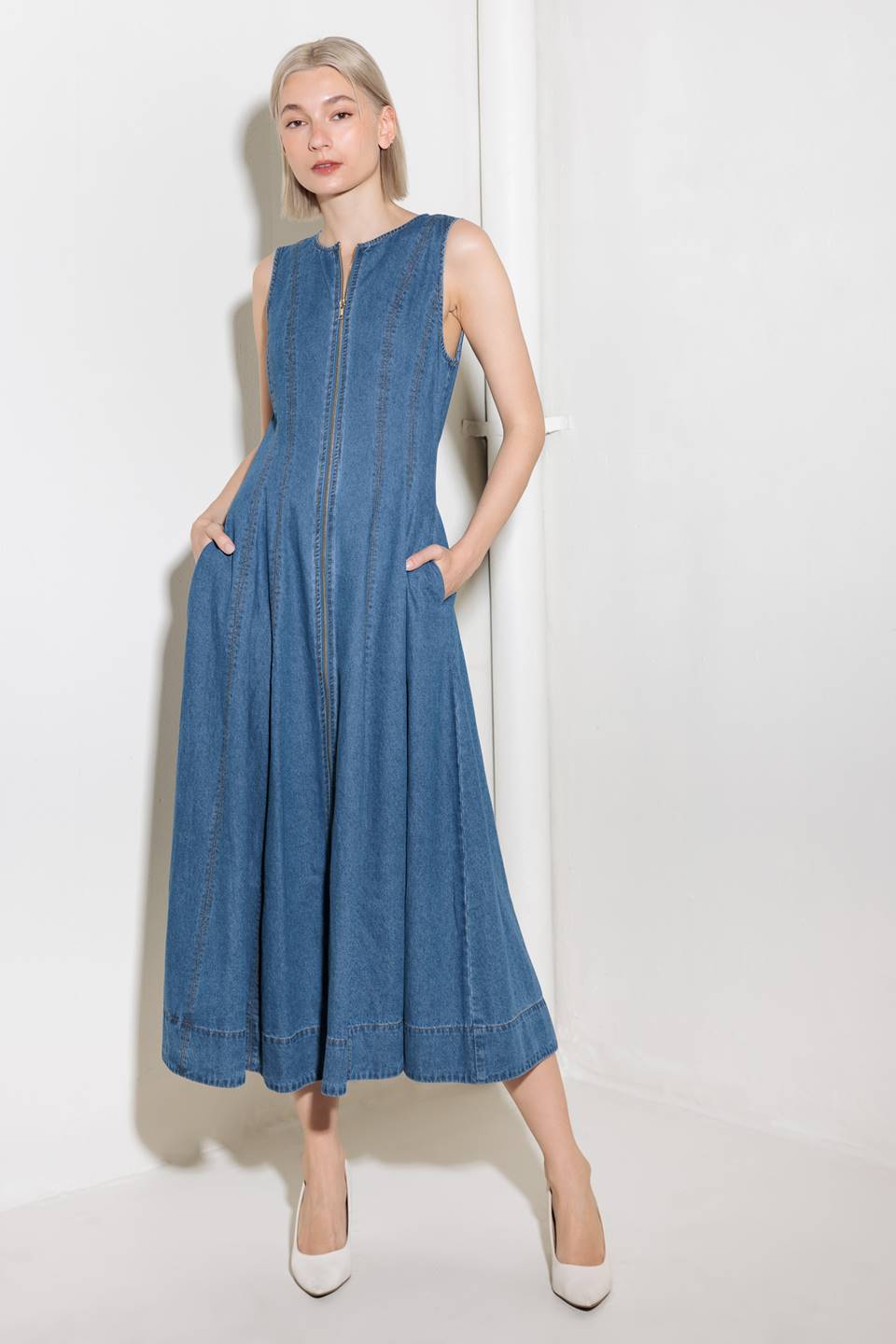 Perry Washed Denim Midi Dress-Vavasi