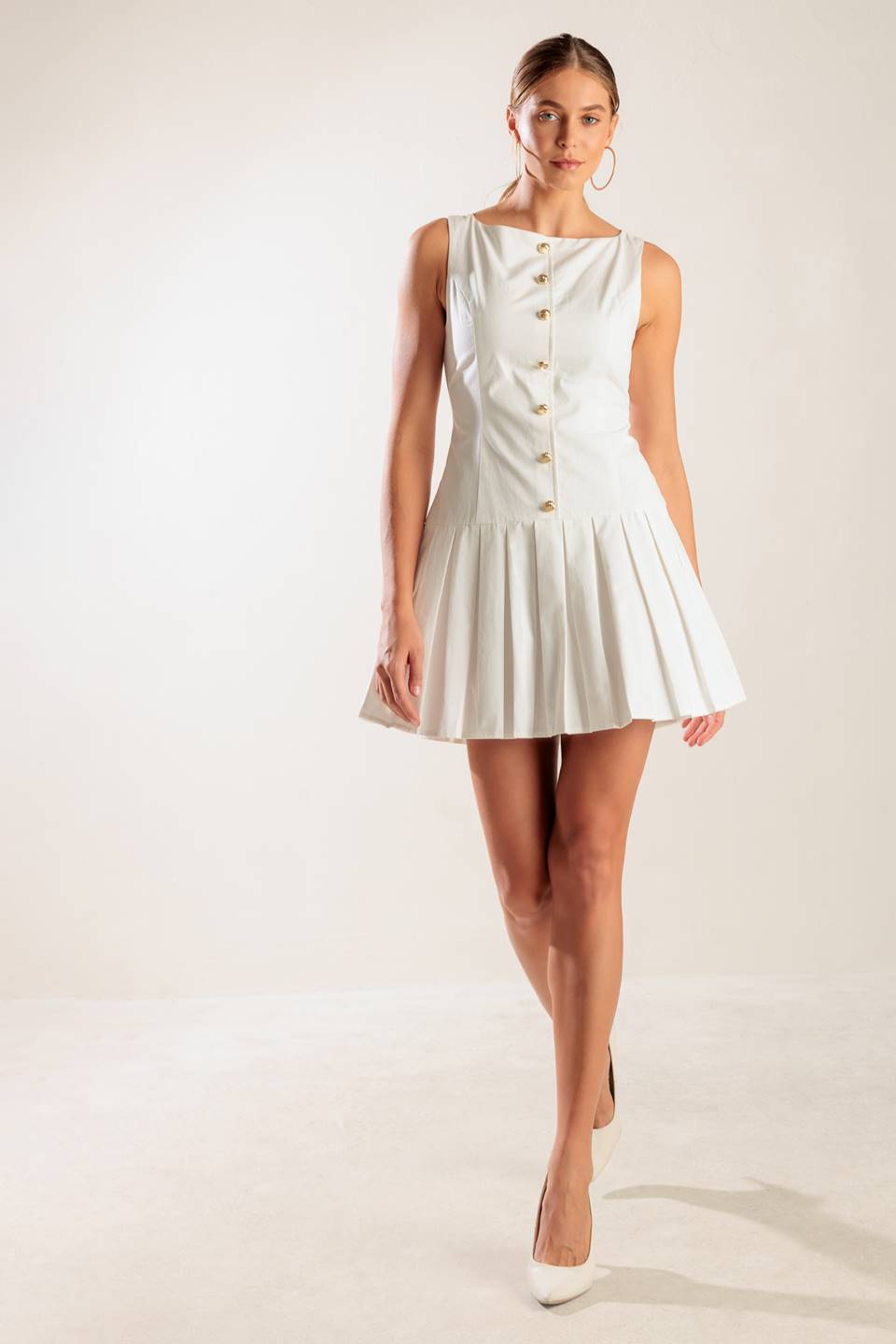 NO COMPARISONS PLEATED SKIRT MINI DRESS - WHITE-Vavasi