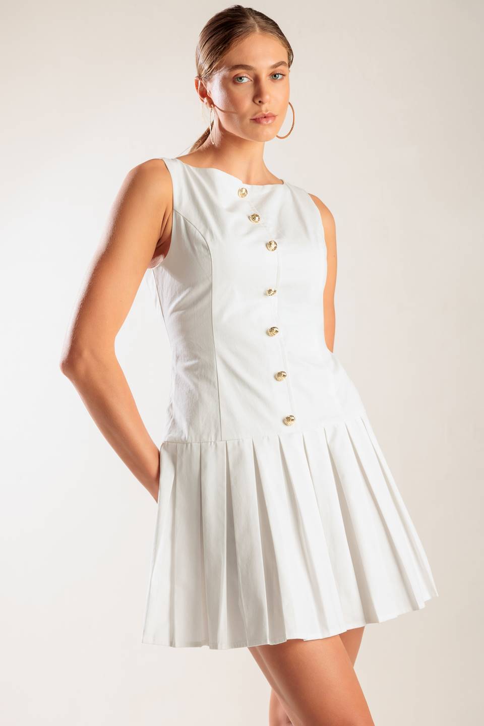 NO COMPARISONS PLEATED SKIRT MINI DRESS - WHITE-Vavasi