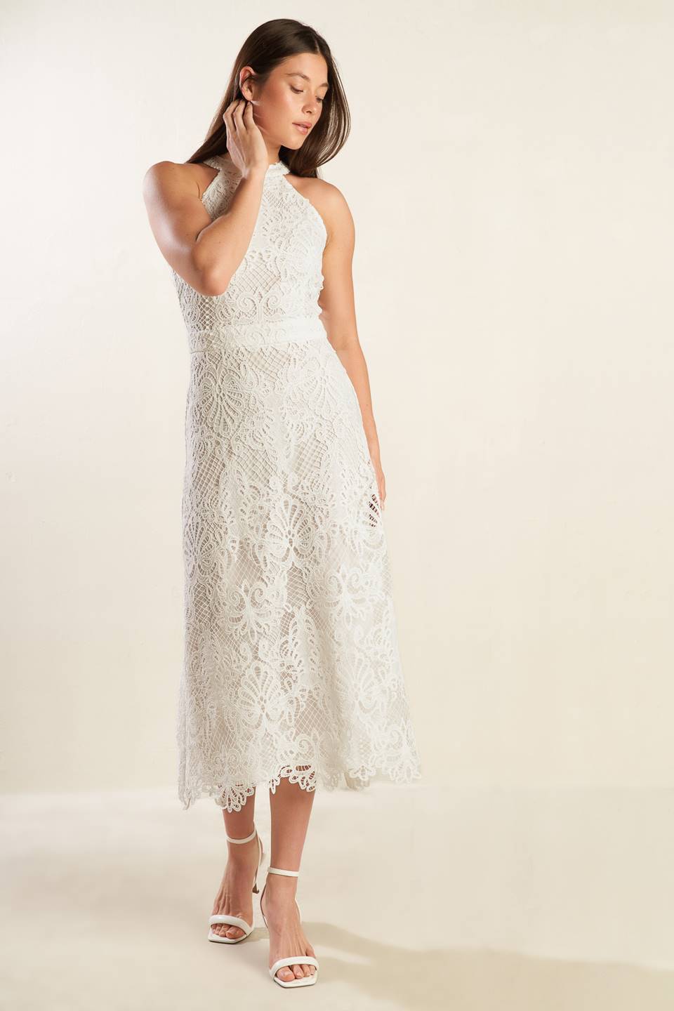 CATCHING DREAMS WOVEN LACE MIDI DRESS-Vavasi