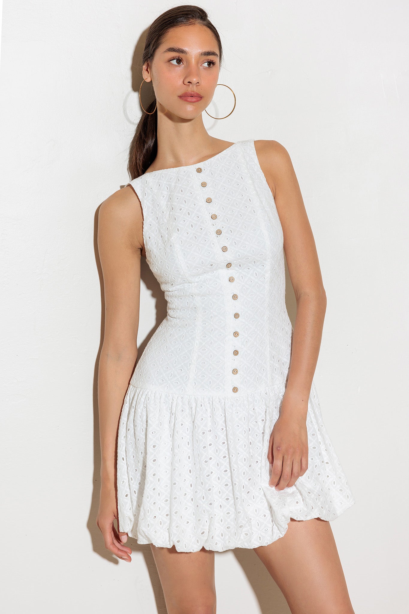 AT FIRST GLANCE WHITE EYELET MINI DRESS-Vavasi