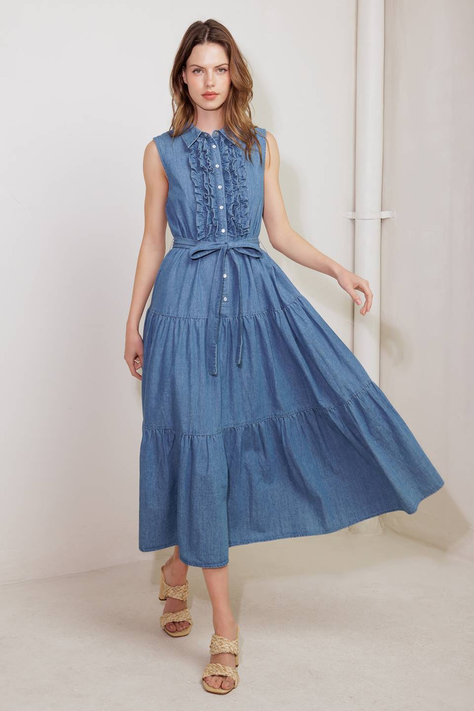 SUNDRENCHED RUFFLE DENIM MIDI DRESS-Vavasi
