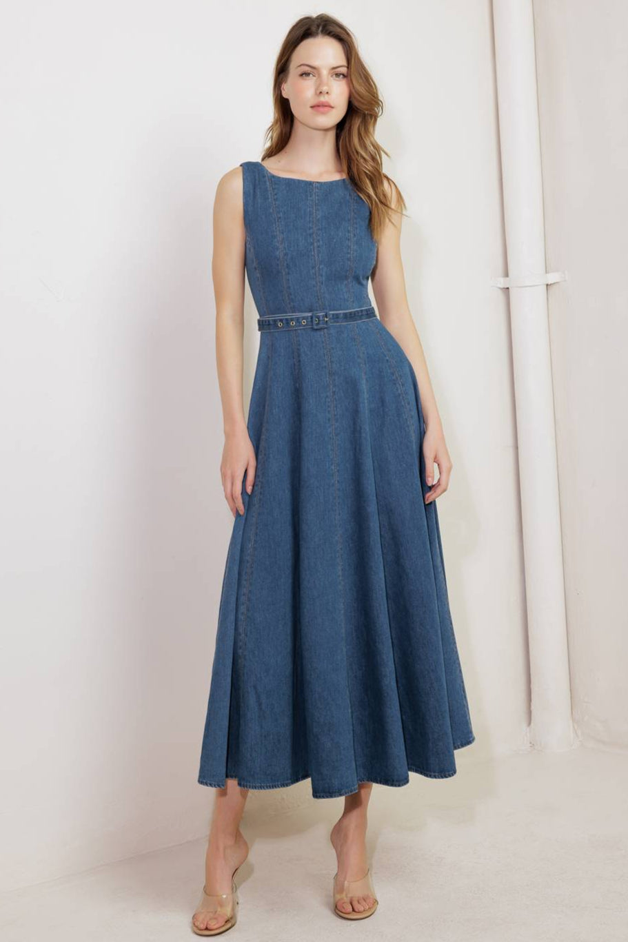 LETTIE DENIM MIDI DRESS - Washed Denim Midi Dress with Boat Neckline-Vavasi