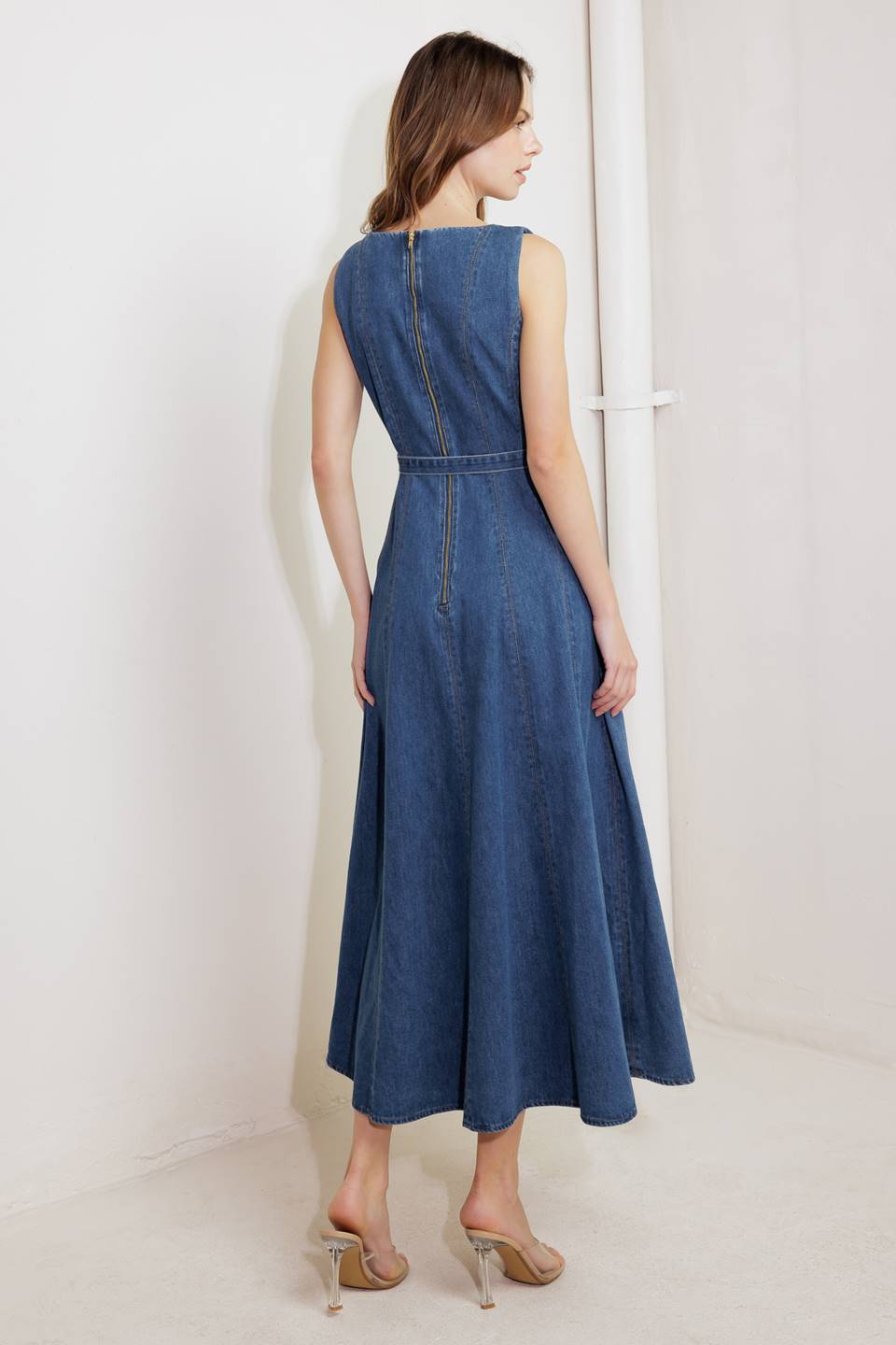 LETTIE DENIM MIDI DRESS - Washed Denim Midi Dress with Boat Neckline-Vavasi