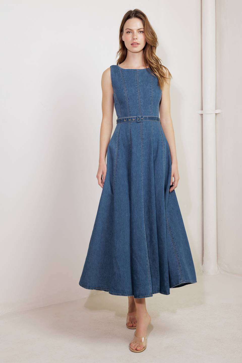 LETTIE DENIM MIDI DRESS - Washed Denim Midi Dress with Boat Neckline-Vavasi