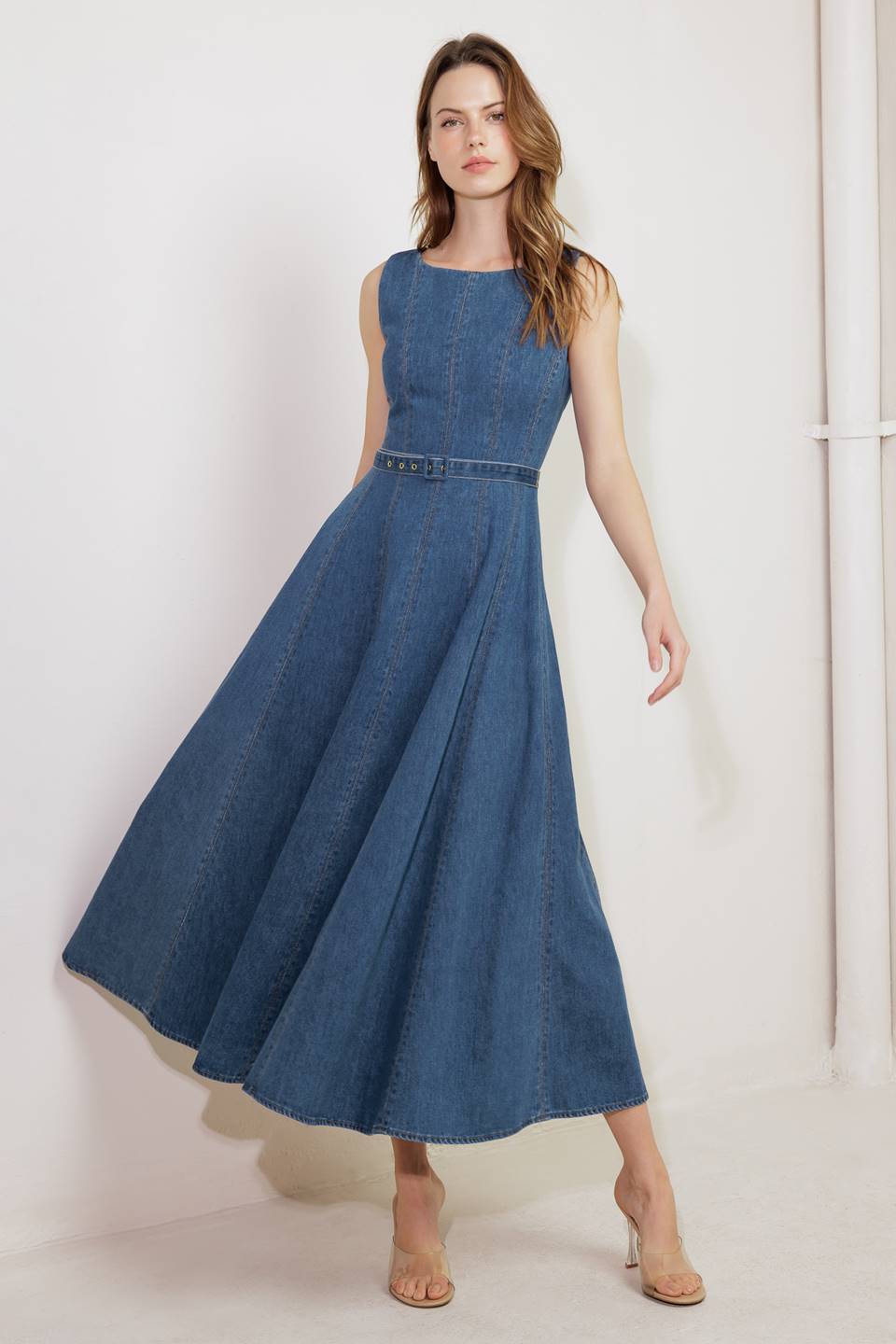 LETTIE DENIM MIDI DRESS - Washed Denim Midi Dress with Boat Neckline-Vavasi