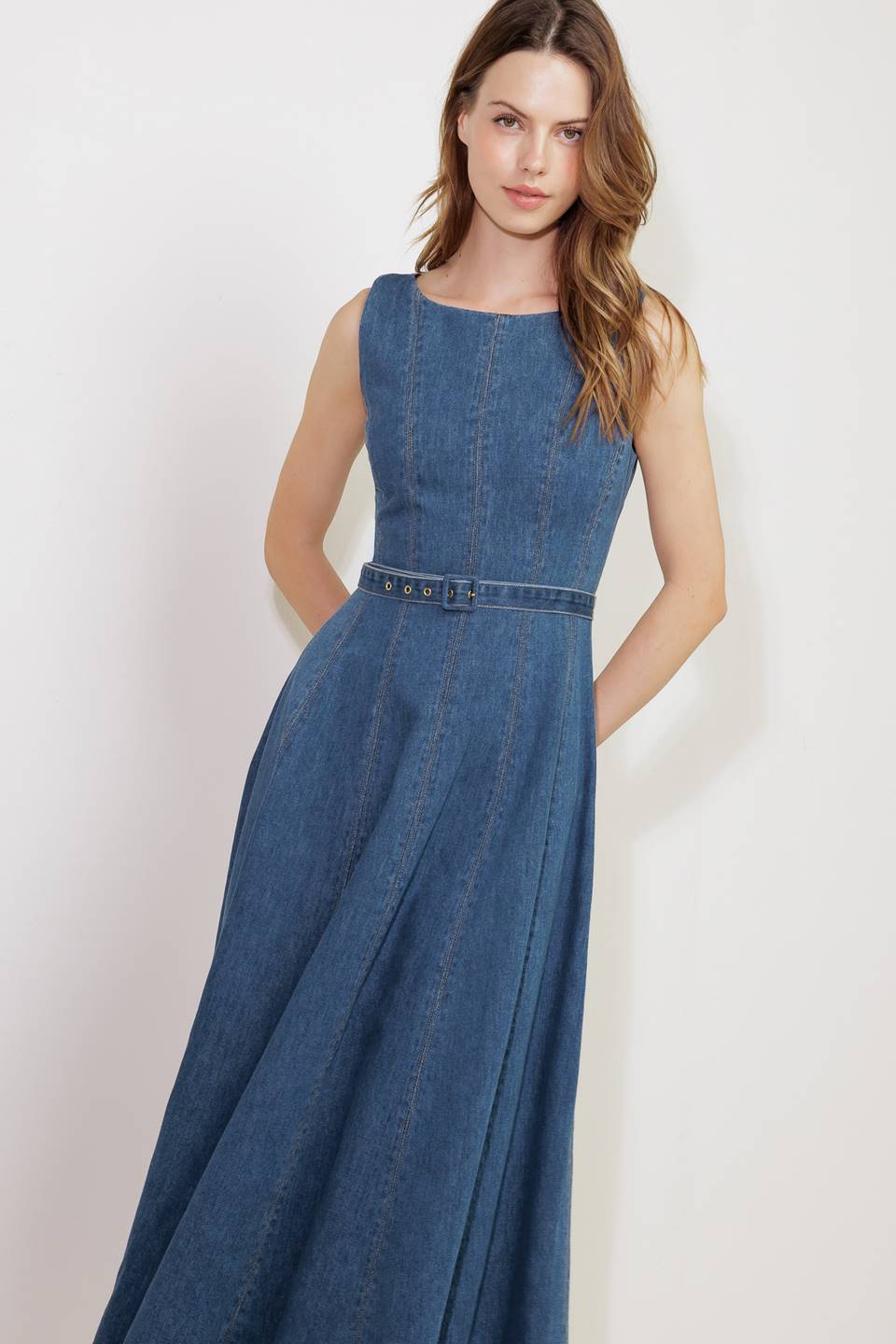 LETTIE DENIM MIDI DRESS - Washed Denim Midi Dress with Boat Neckline-Vavasi